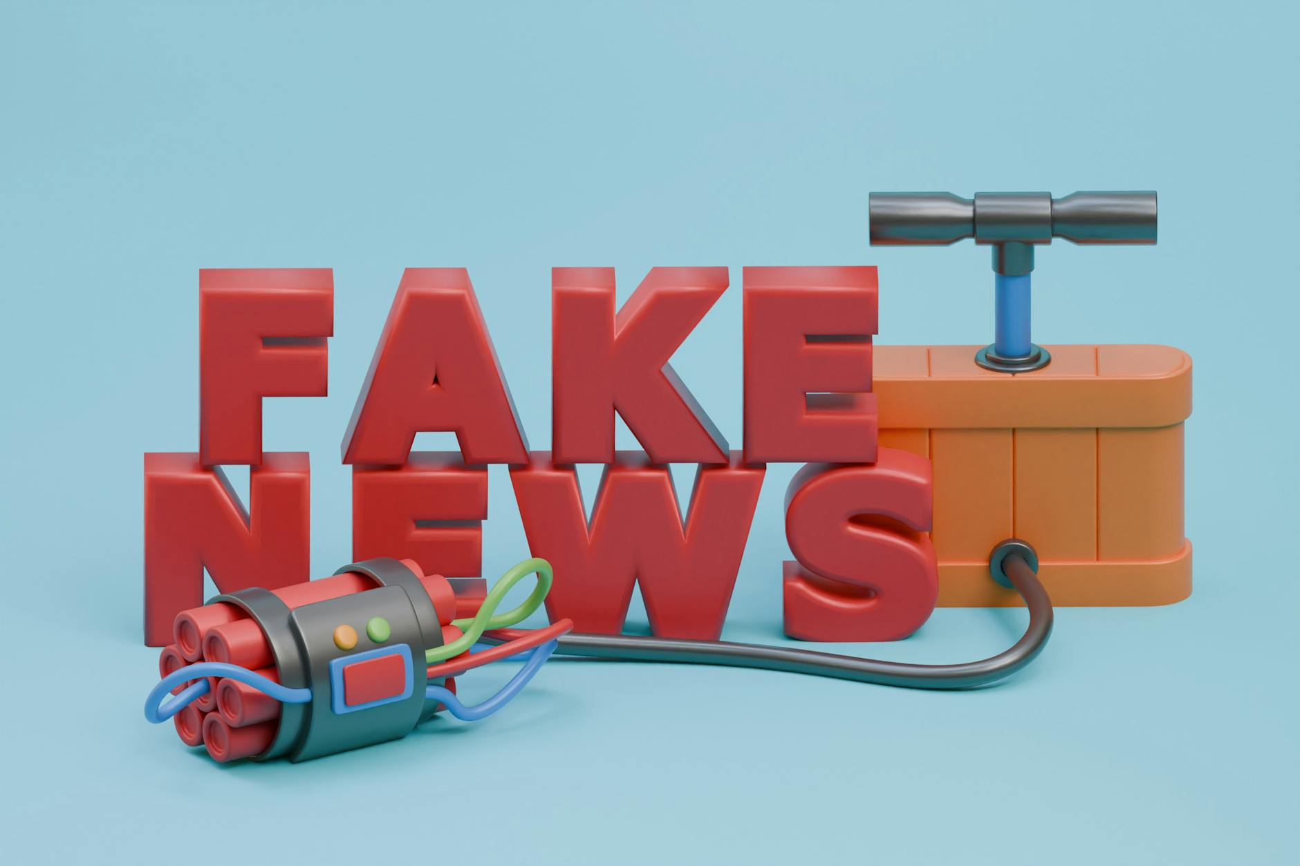 3D ilustracja dynamitu z zapalnikiem symbolizująca wybuchowe fake news